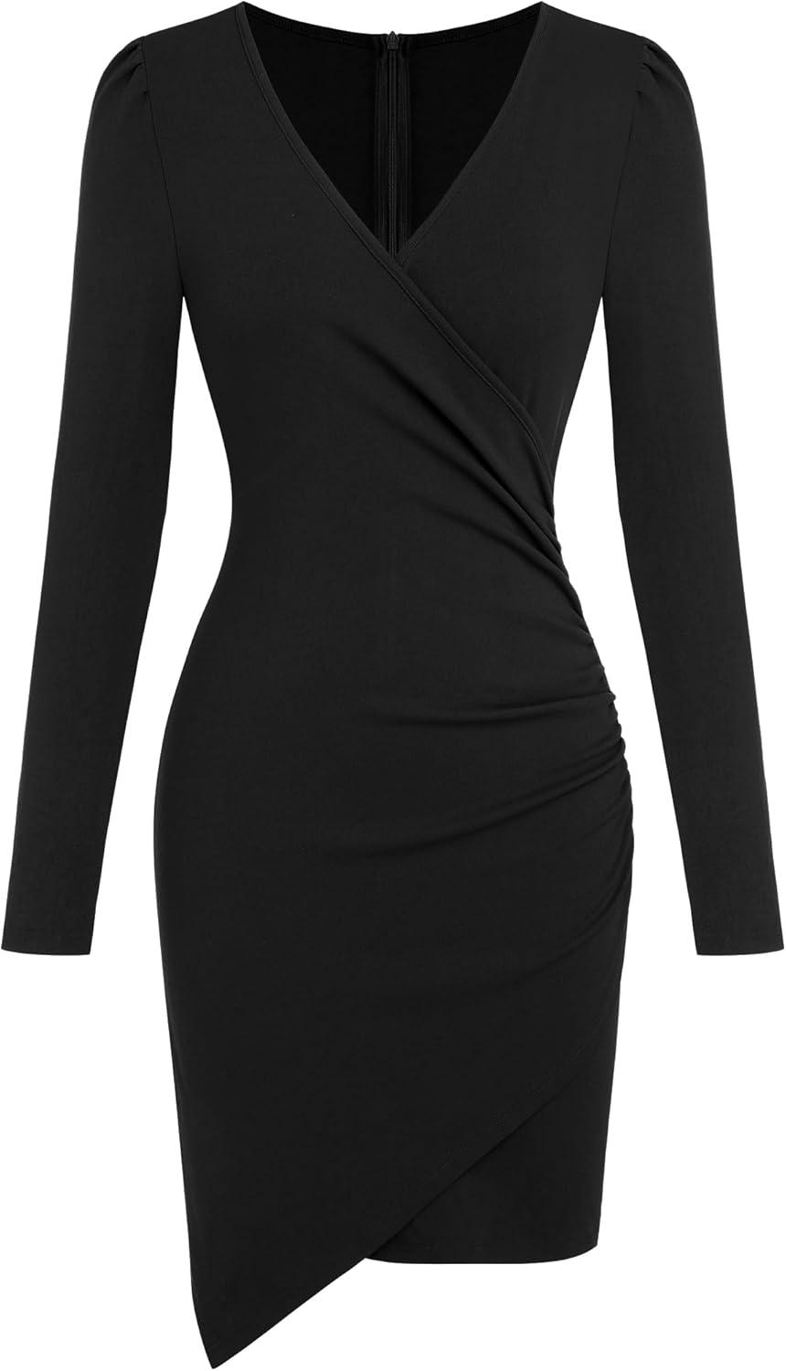 imageZAFUL Women 2025 Sexy V Neck Long Sleeve Faux Wrap Dress Sheath Ruched Bodycon Party Work Cocktail Mid DressesBlack
