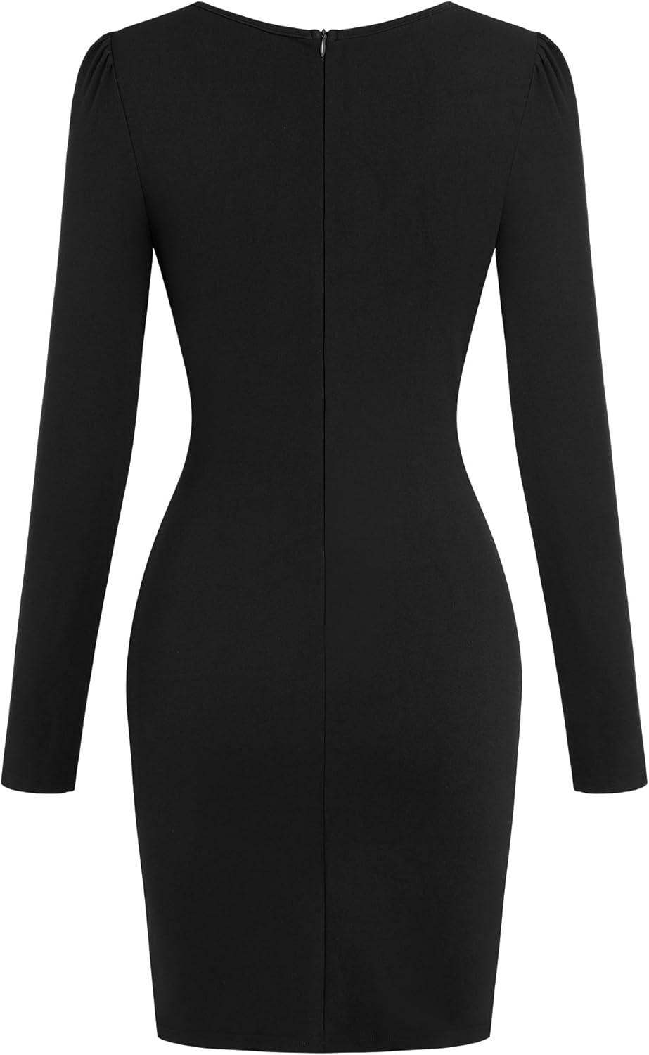 imageZAFUL Women 2025 Sexy V Neck Long Sleeve Faux Wrap Dress Sheath Ruched Bodycon Party Work Cocktail Mid DressesBlack