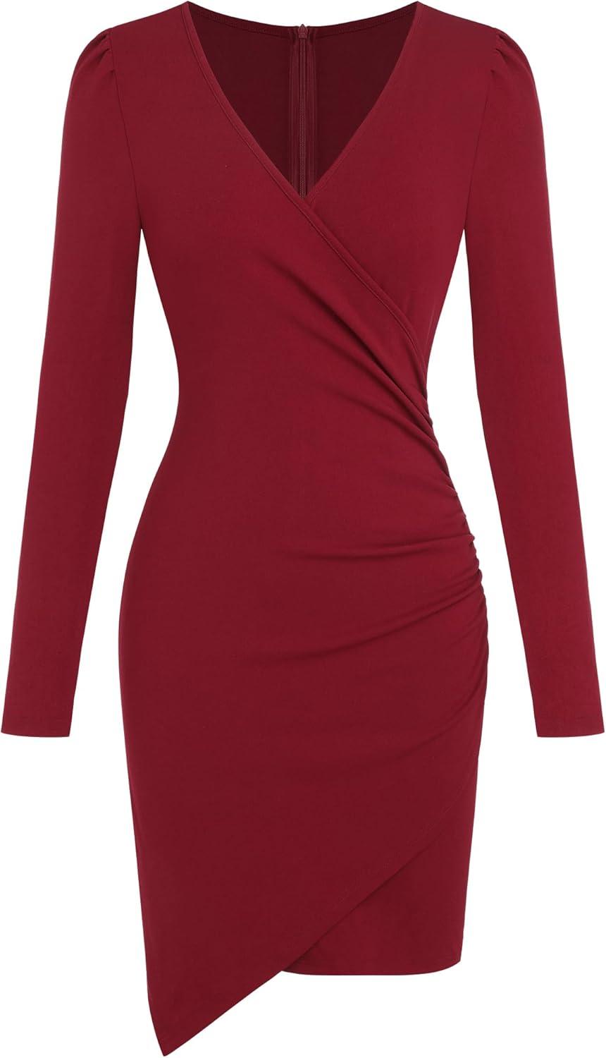 imageZAFUL Women 2025 Sexy V Neck Long Sleeve Faux Wrap Dress Sheath Ruched Bodycon Party Work Cocktail Mid DressesBurgundy