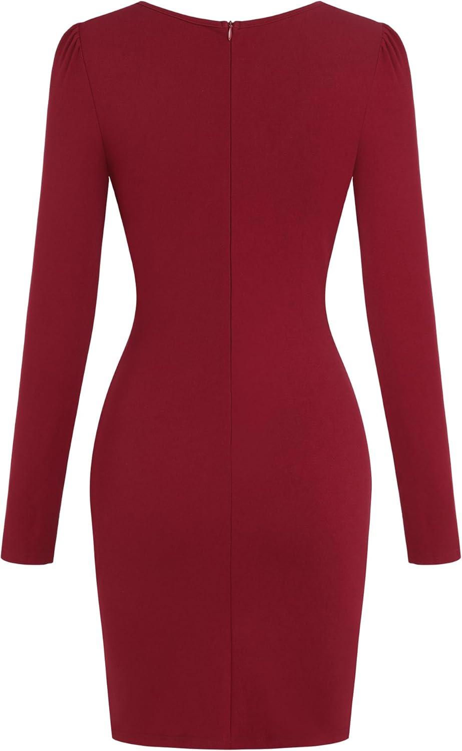 imageZAFUL Women 2025 Sexy V Neck Long Sleeve Faux Wrap Dress Sheath Ruched Bodycon Party Work Cocktail Mid DressesBurgundy