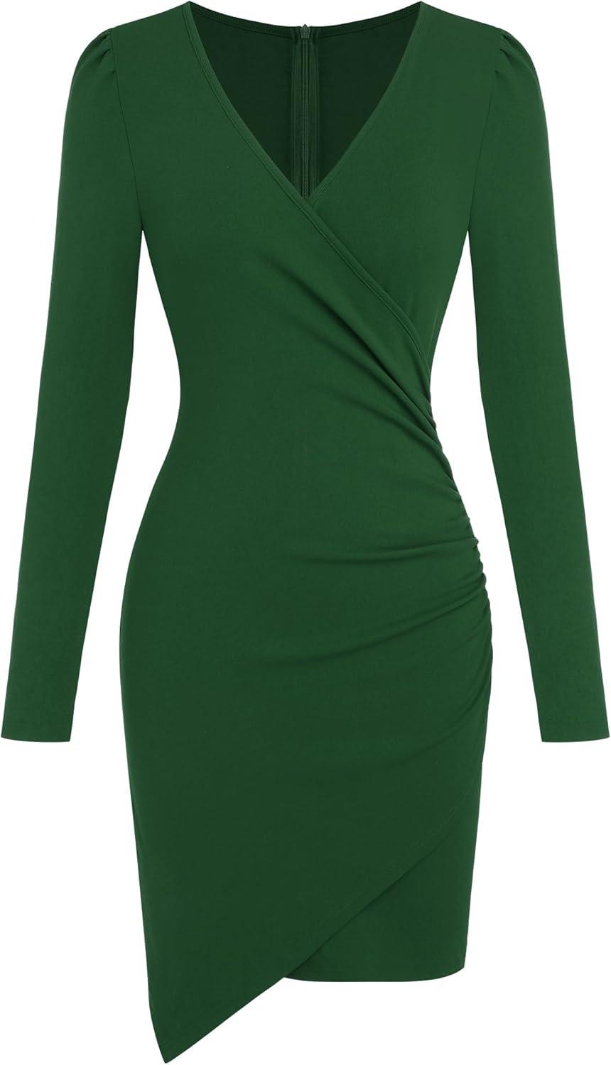 imageZAFUL Women 2025 Sexy V Neck Long Sleeve Faux Wrap Dress Sheath Ruched Bodycon Party Work Cocktail Mid DressesDark Green