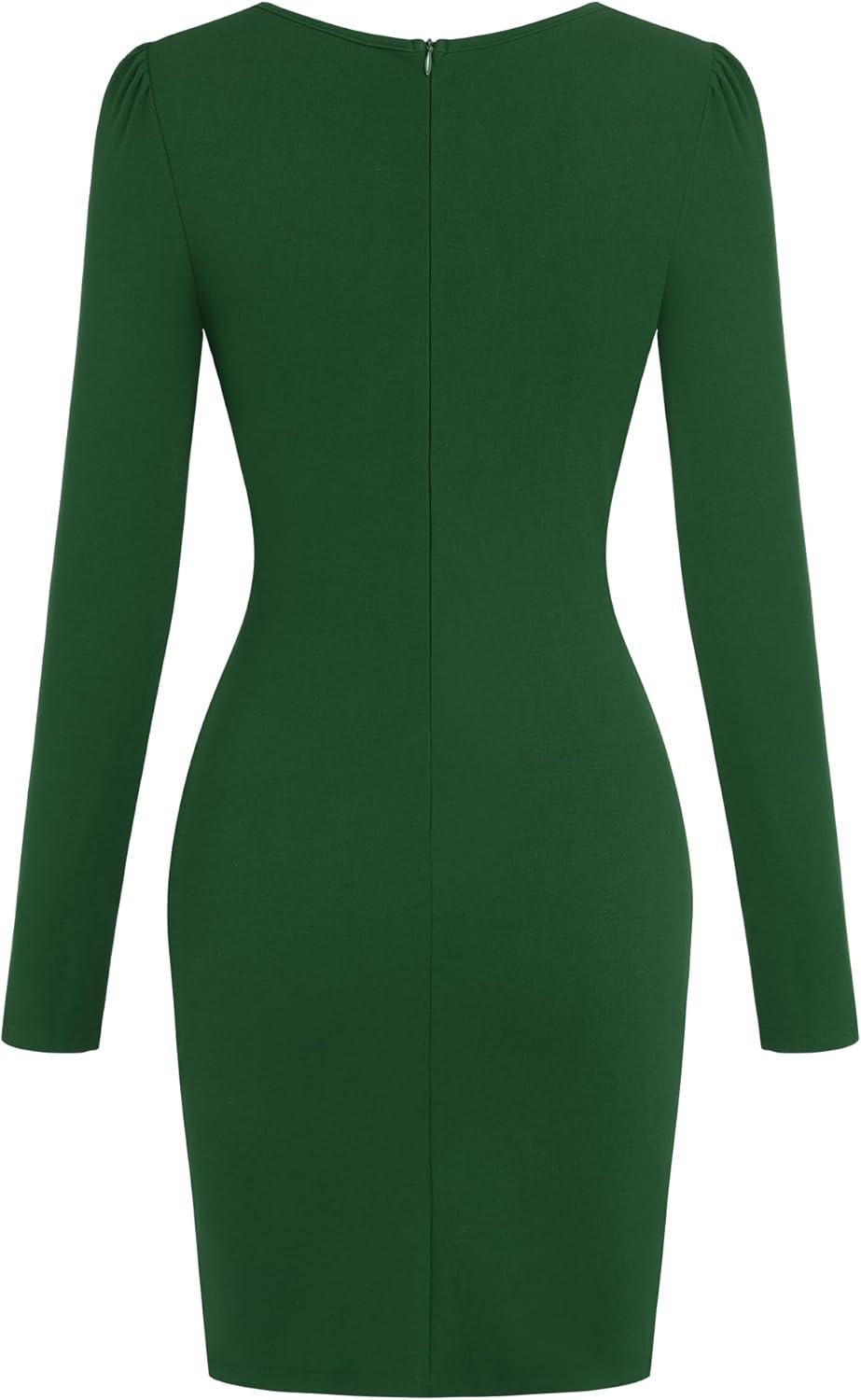 imageZAFUL Women 2025 Sexy V Neck Long Sleeve Faux Wrap Dress Sheath Ruched Bodycon Party Work Cocktail Mid DressesDark Green