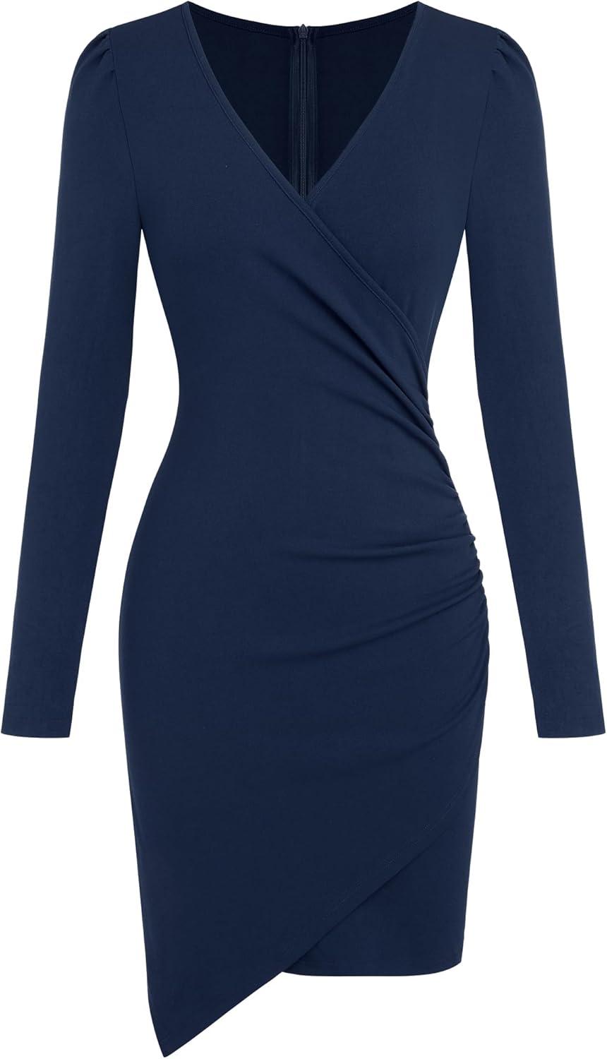 imageZAFUL Women 2025 Sexy V Neck Long Sleeve Faux Wrap Dress Sheath Ruched Bodycon Party Work Cocktail Mid DressesNavy Blue