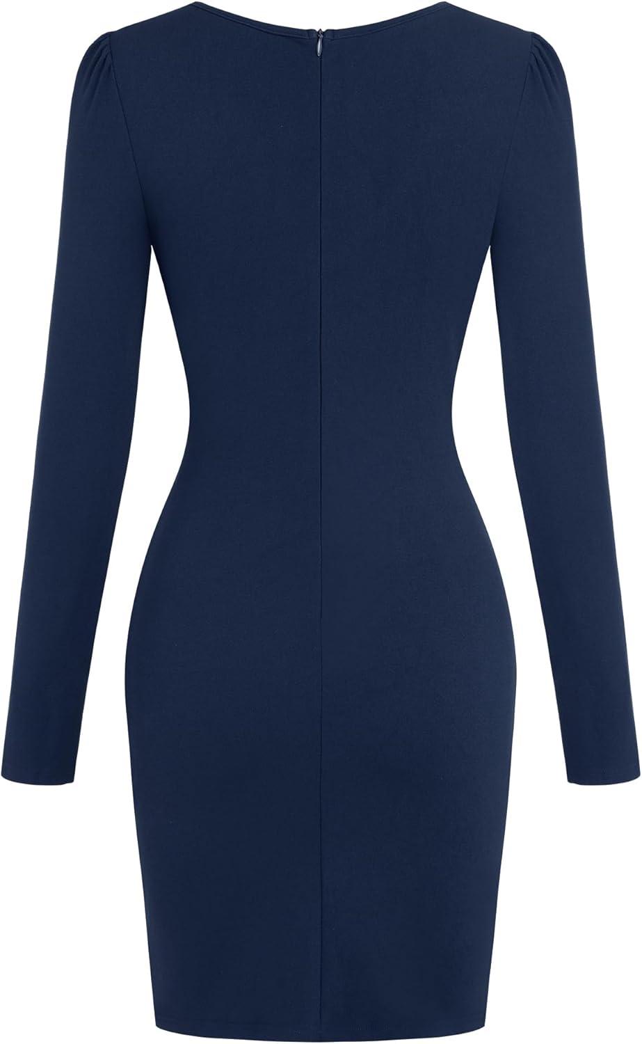 imageZAFUL Women 2025 Sexy V Neck Long Sleeve Faux Wrap Dress Sheath Ruched Bodycon Party Work Cocktail Mid DressesNavy Blue