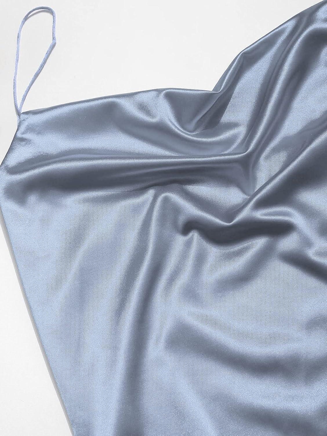 imageZAFUL Womens Casual Satin Dress Spaghetti Strap Cowl Neck Slips Nightwear Side Slit Cocktail Party Silk Mini Cami Dresses Af Light BlueS