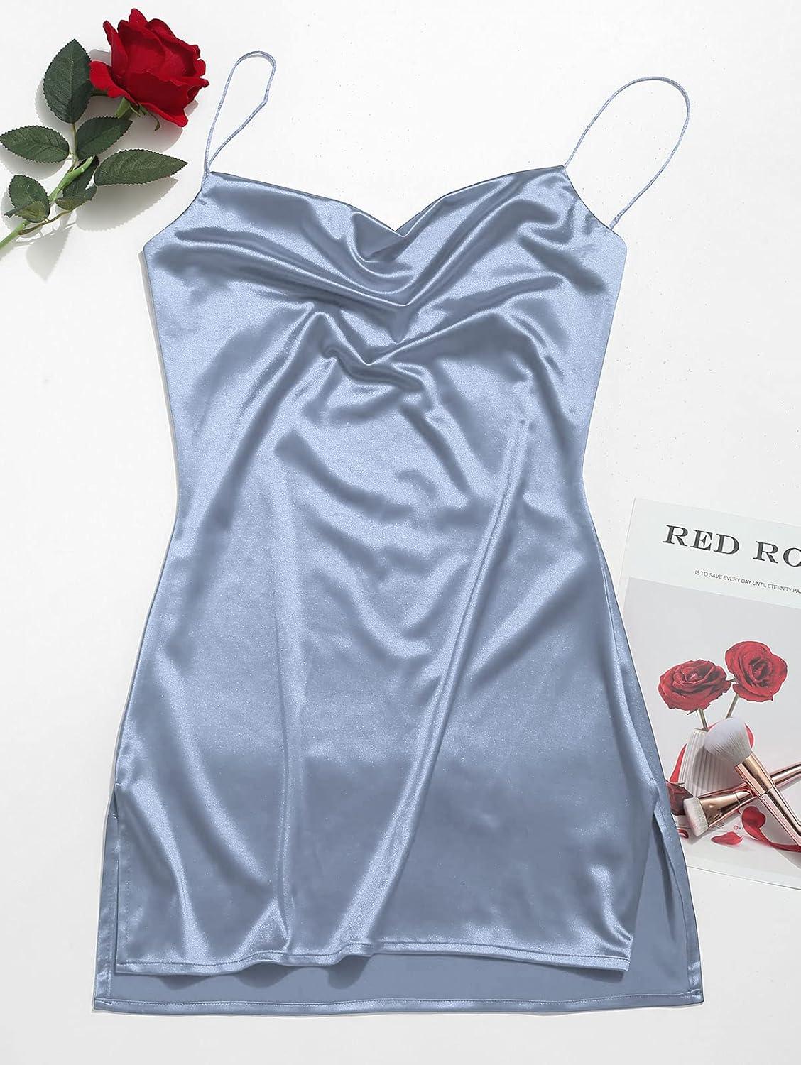 imageZAFUL Womens Casual Satin Dress Spaghetti Strap Cowl Neck Slips Nightwear Side Slit Cocktail Party Silk Mini Cami Dresses Af Light BlueS