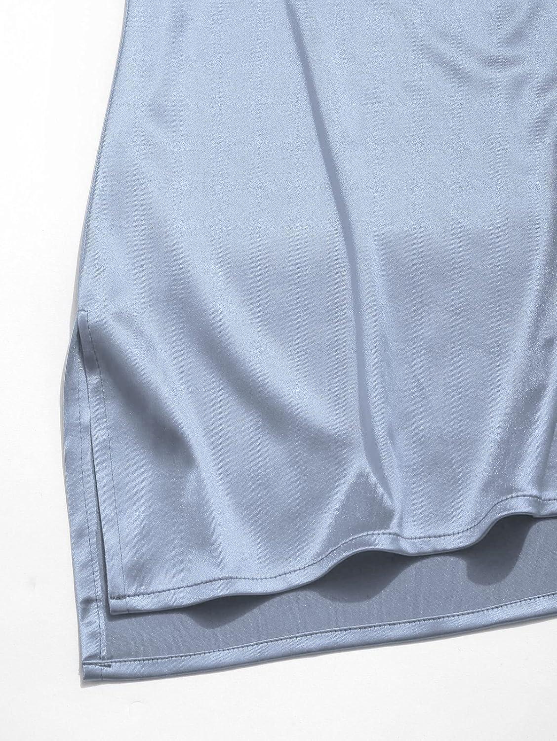imageZAFUL Womens Casual Satin Dress Spaghetti Strap Cowl Neck Slips Nightwear Side Slit Cocktail Party Silk Mini Cami Dresses Af Light BlueS