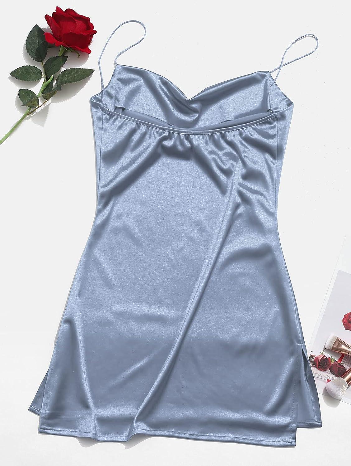 imageZAFUL Womens Casual Satin Dress Spaghetti Strap Cowl Neck Slips Nightwear Side Slit Cocktail Party Silk Mini Cami Dresses Af Light BlueS