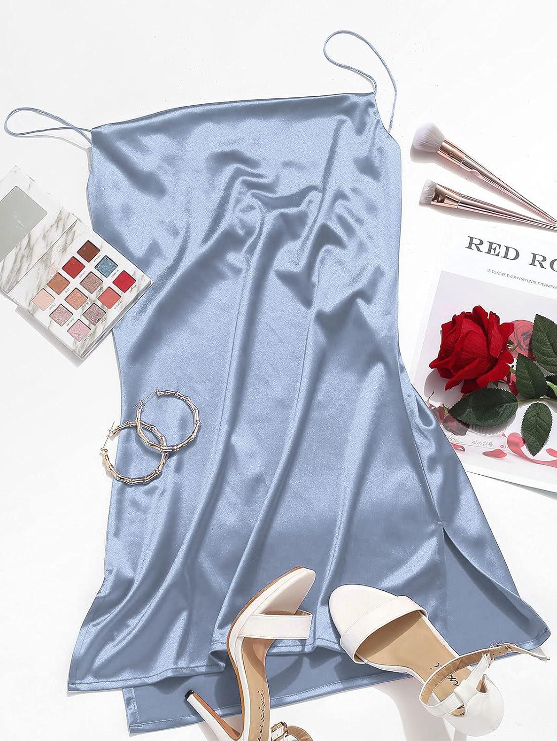 imageZAFUL Womens Casual Satin Dress Spaghetti Strap Cowl Neck Slips Nightwear Side Slit Cocktail Party Silk Mini Cami Dresses Af Light BlueS