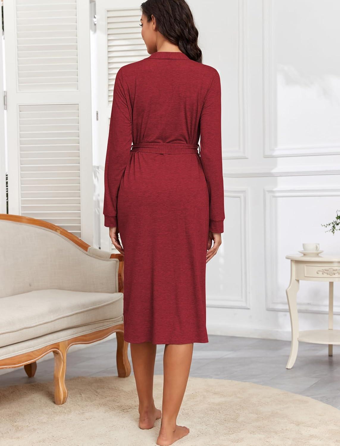 imageZAFUL Womens Robe Soft Lightweight Long Knit Kimono Bathrobe Vneck Casual Sleepwear LoungewearBurgundy