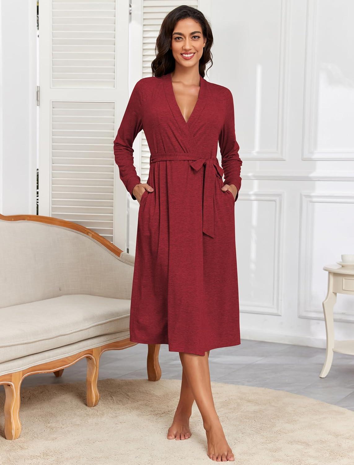 imageZAFUL Womens Robe Soft Lightweight Long Knit Kimono Bathrobe Vneck Casual Sleepwear LoungewearBurgundy