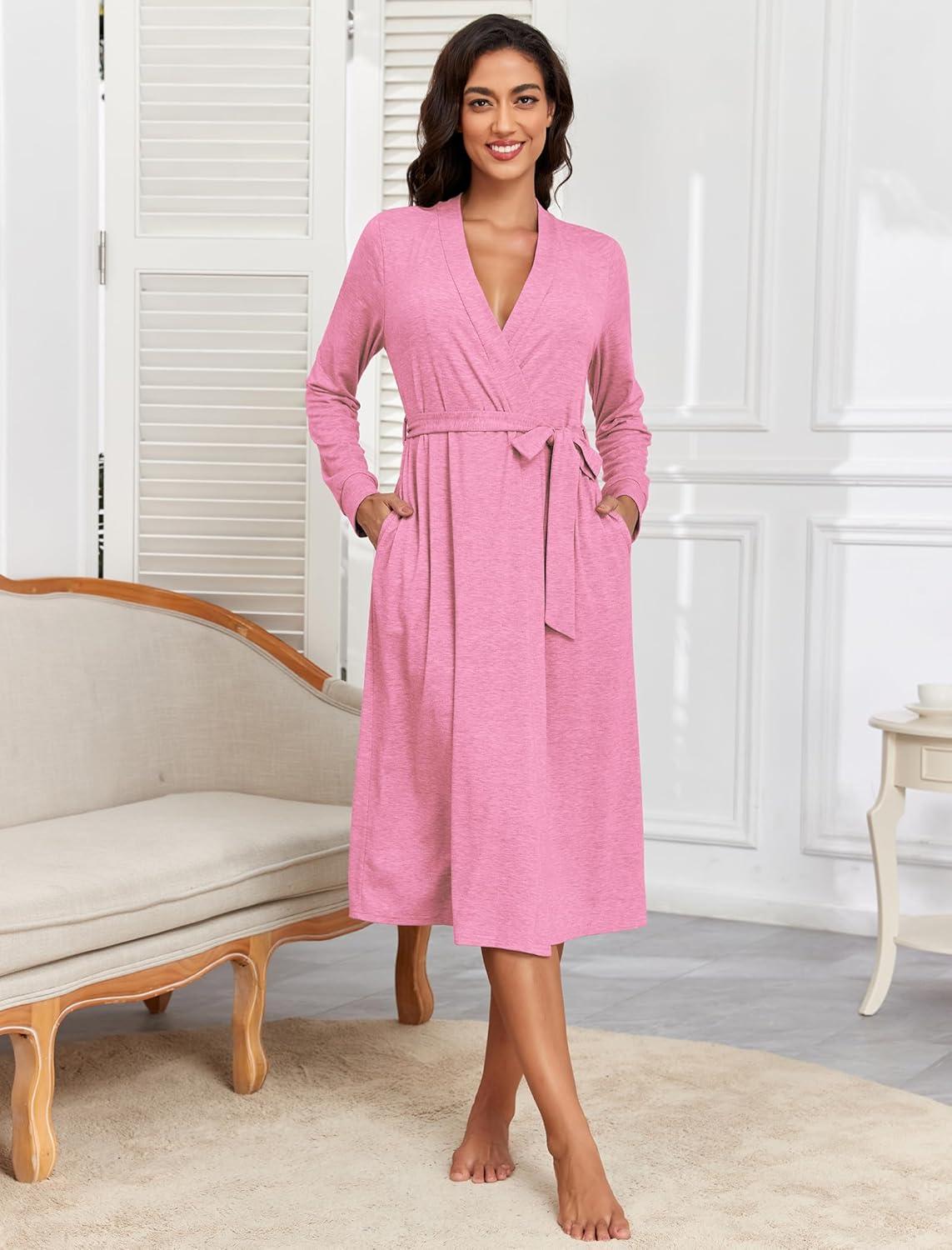 imageZAFUL Womens Robe Soft Lightweight Long Knit Kimono Bathrobe Vneck Casual Sleepwear LoungewearPink