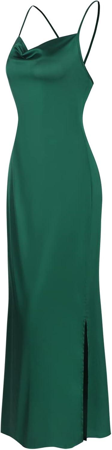 imageZAFUL Womens Sexy Backless Satin Maxi Dress Spaghetti Straps Cowl Neck Side Slit Zipper Cocktail Party Bodycon Dresses CGreenS