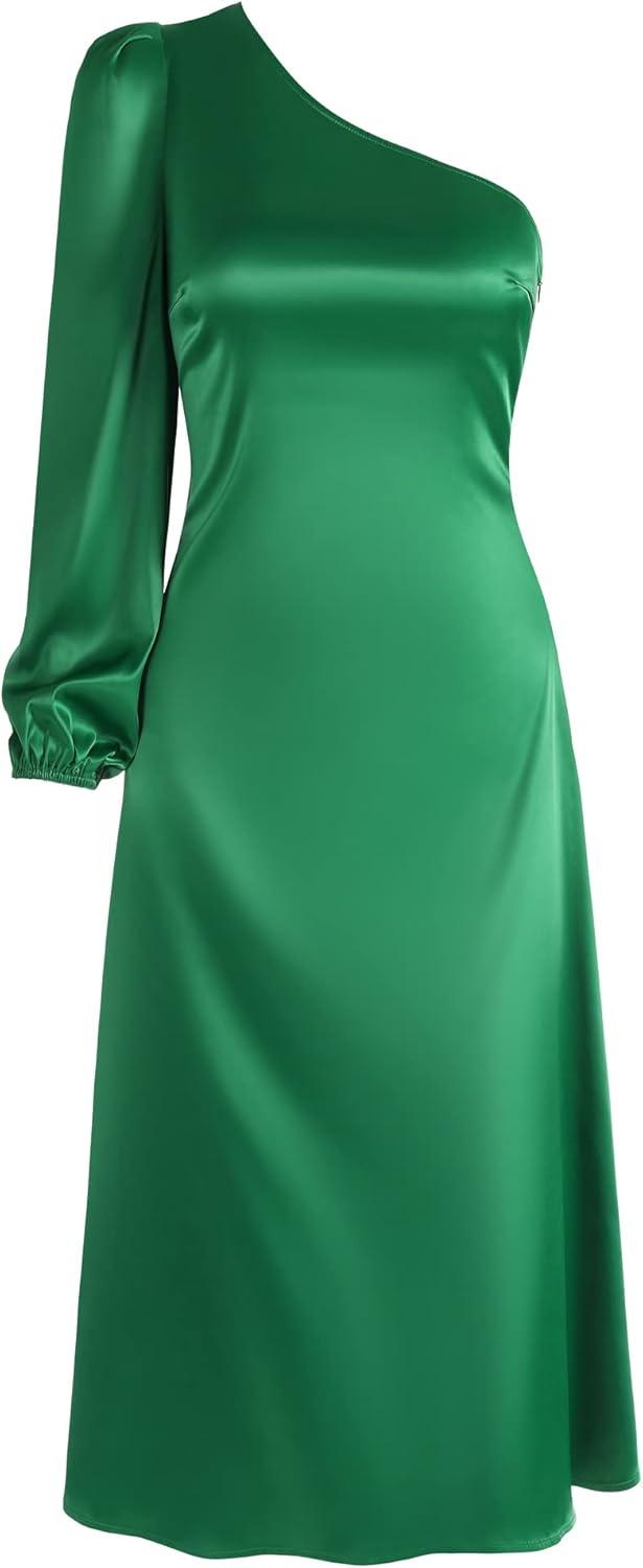 imageZAFUL Womens Sexy One Shoulder Satin Bodycon Midi Dress Puff Long Sleeve Zipper Club Night Out Prom DressesDgreen Blue