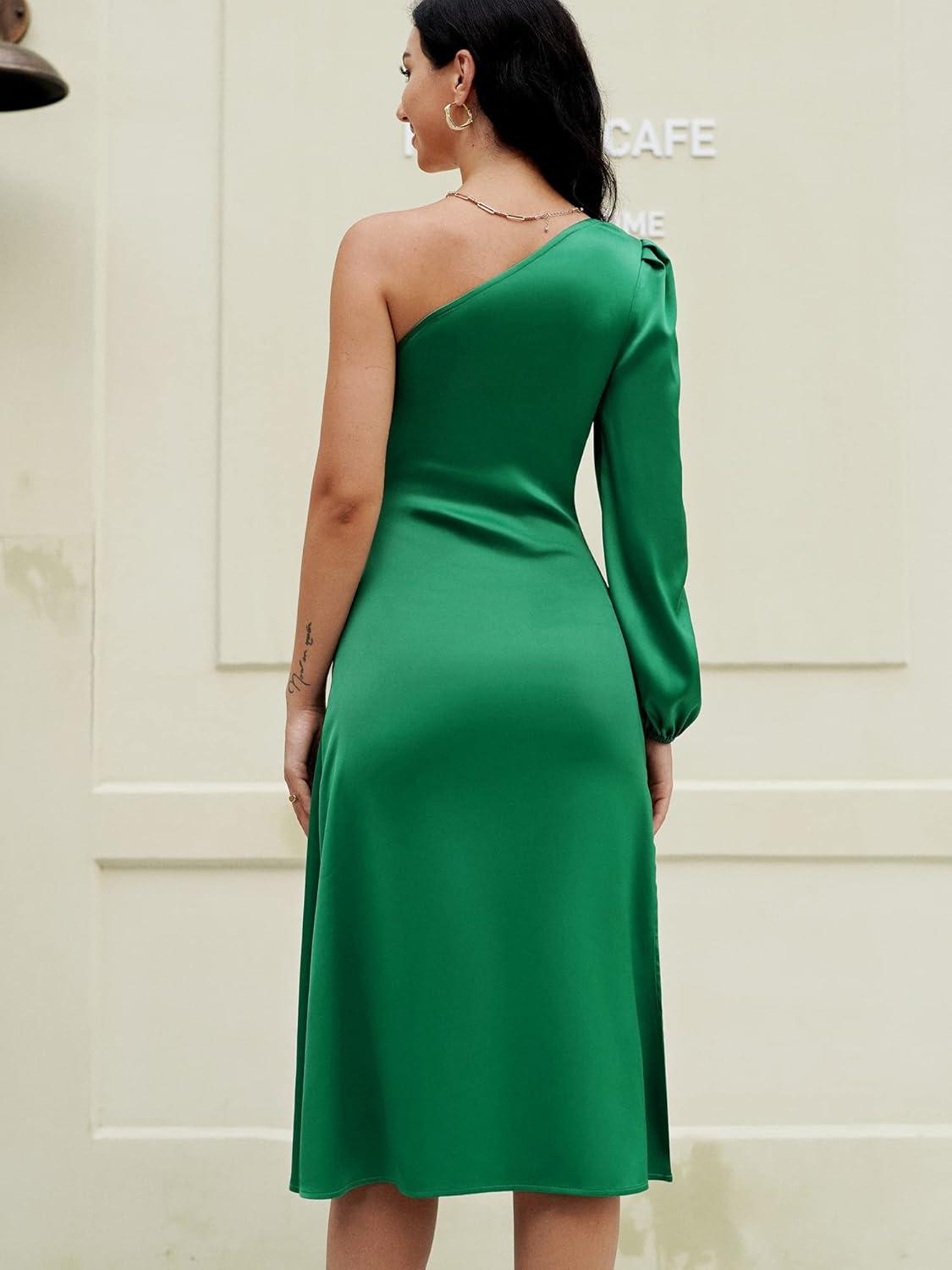 imageZAFUL Womens Sexy One Shoulder Satin Bodycon Midi Dress Puff Long Sleeve Zipper Club Night Out Prom DressesDgreen Blue