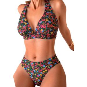 ZAFUL Women’s 2 Piece Floral Print Swimsuit Triangle String High Cut Bikini Sets Bathing Suit(0-black)