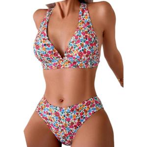 ZAFUL Women’s 2 Piece Floral Print Swimsuit Triangle String High Cut Bikini Sets Bathing Suit(0-white)