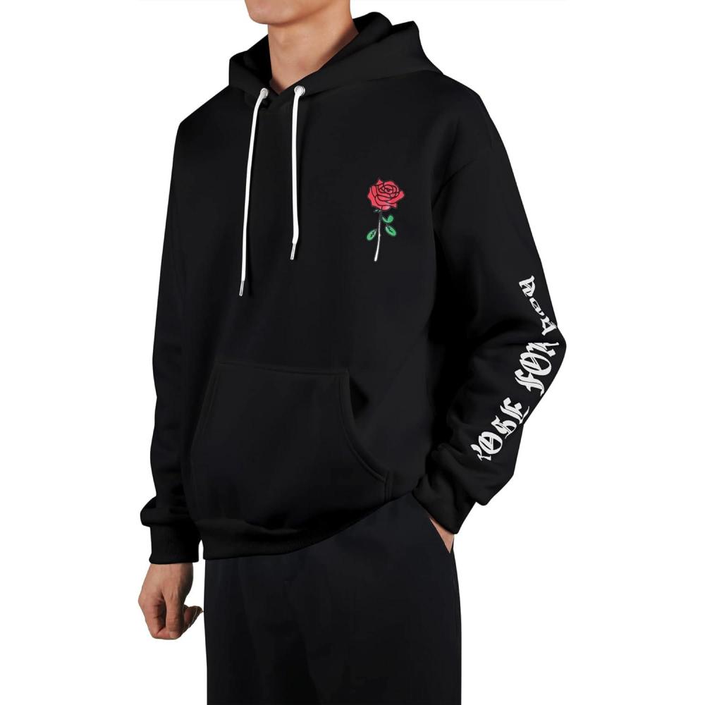 imageZAFUL Mens Graphic Hoodies Essentials Hoodie Fleece Rose Letter Print Casual Drawstring Unisex Hooded Pullover SweatshirtBlack