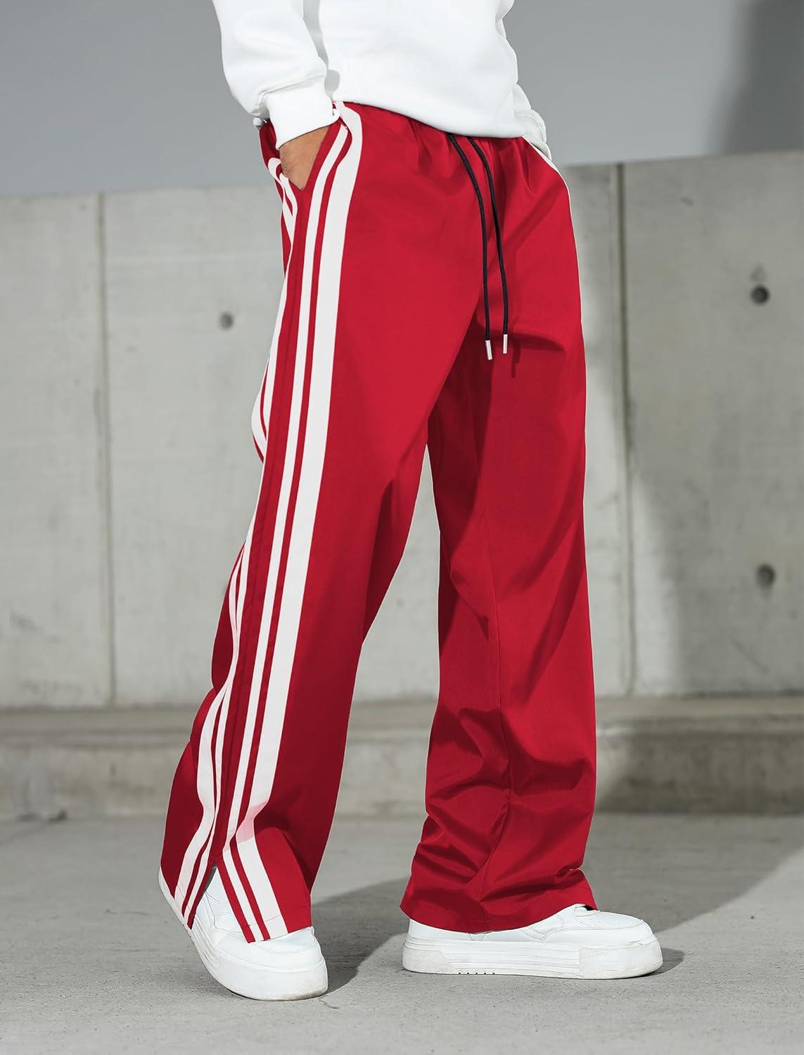 imageZAFUL Mens Baggy Track Pants Parachute Color Block Side Stripes Slit Y2k Wide Leg Drawstring Pockets Casual Trousers1red