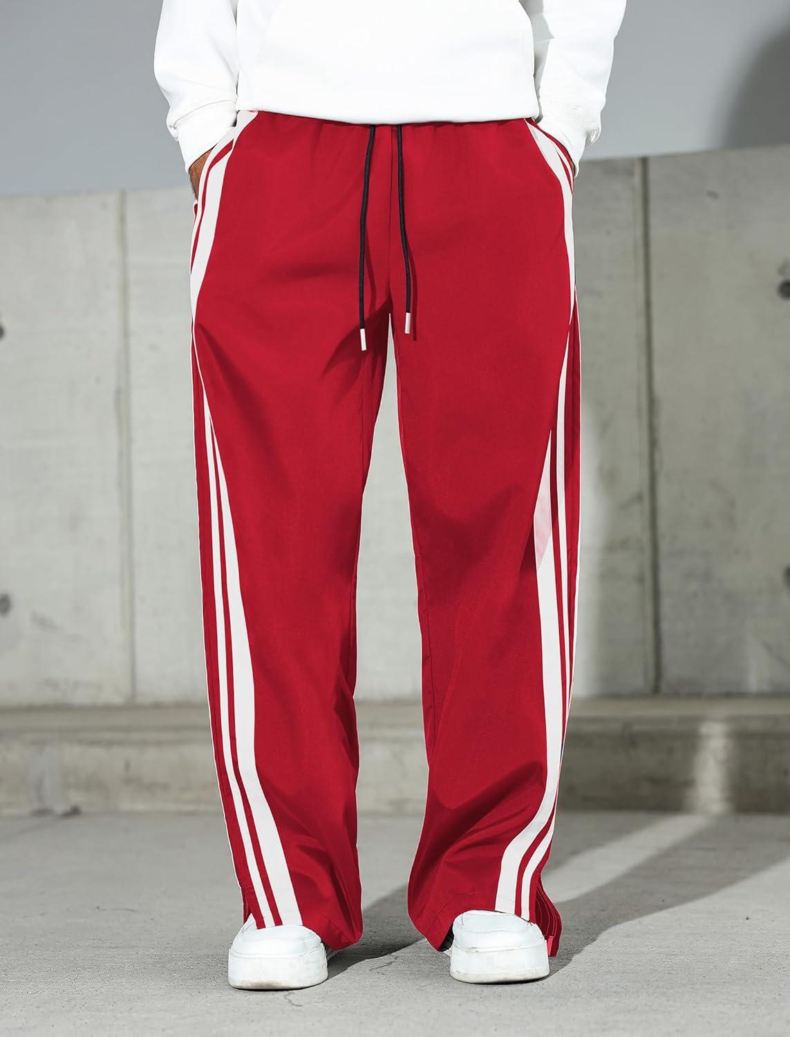 imageZAFUL Mens Baggy Track Pants Parachute Color Block Side Stripes Slit Y2k Wide Leg Drawstring Pockets Casual Trousers1red