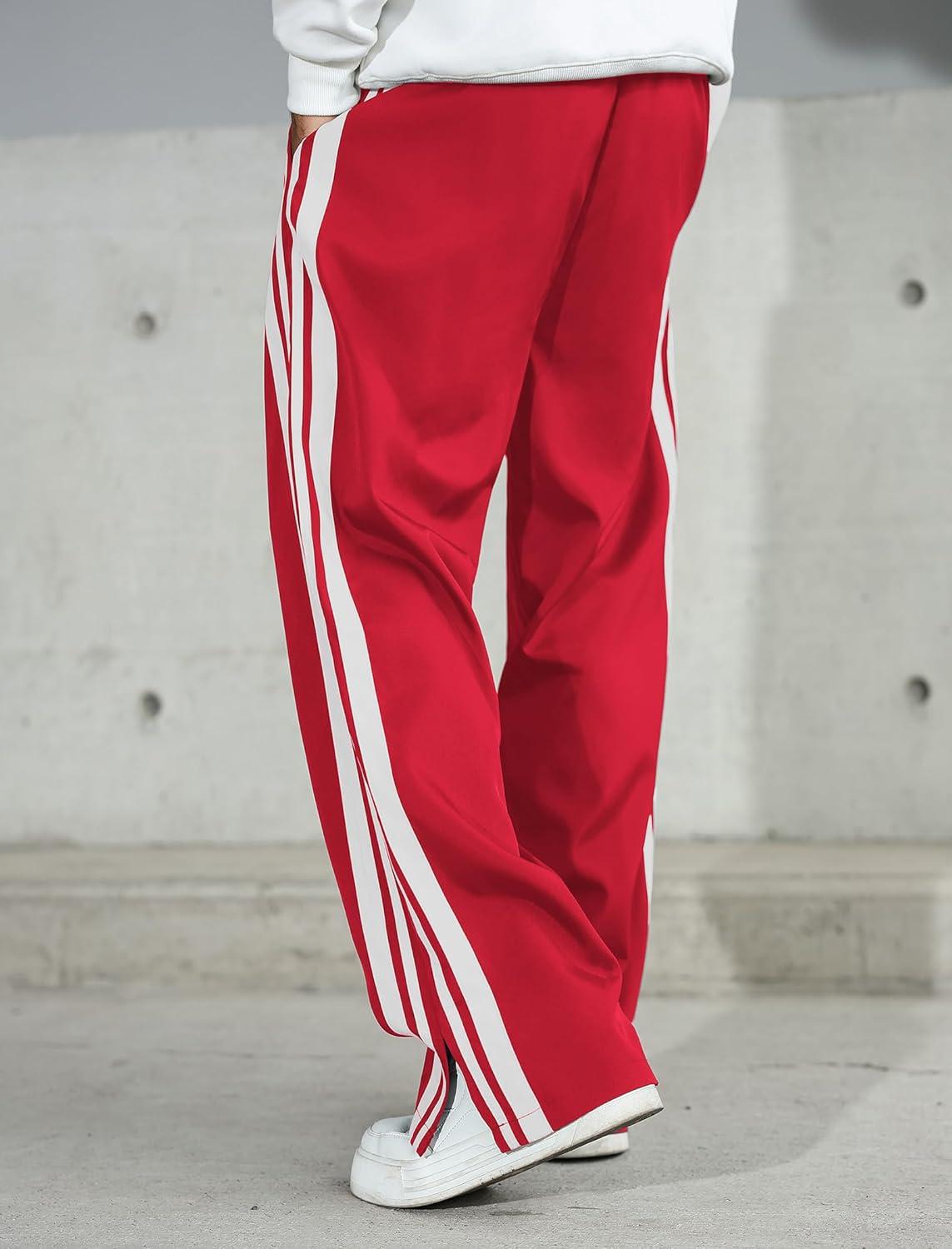 imageZAFUL Mens Baggy Track Pants Parachute Color Block Side Stripes Slit Y2k Wide Leg Drawstring Pockets Casual Trousers1red