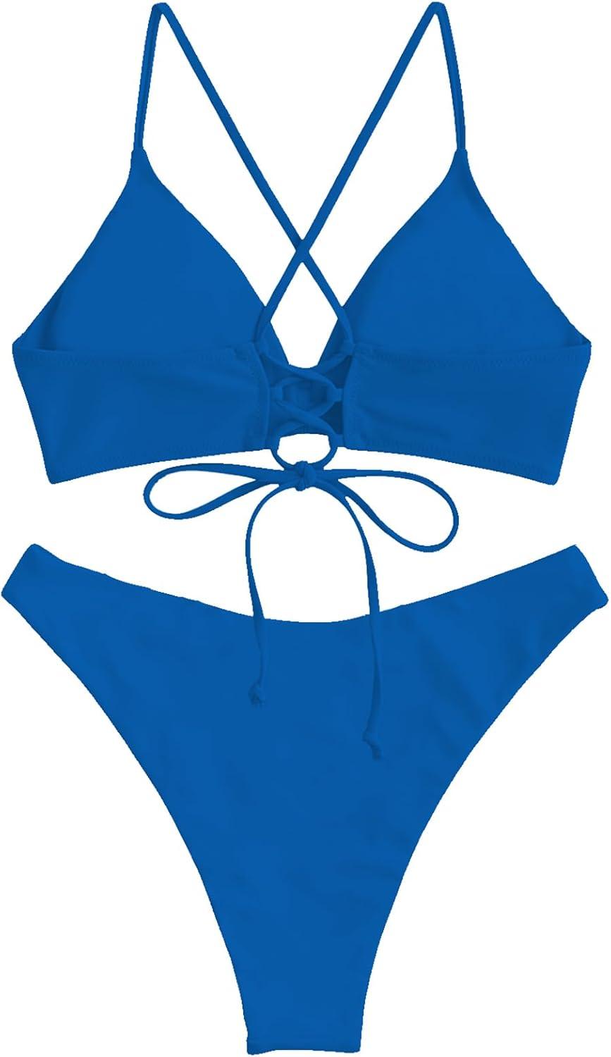 imageZAFUL Womens Sexy Triangle Bikini Set Floral Print Spaghetti Strap 2 Piece Swimsuit Crisscross High Cut Bathing Suit10solid Blue