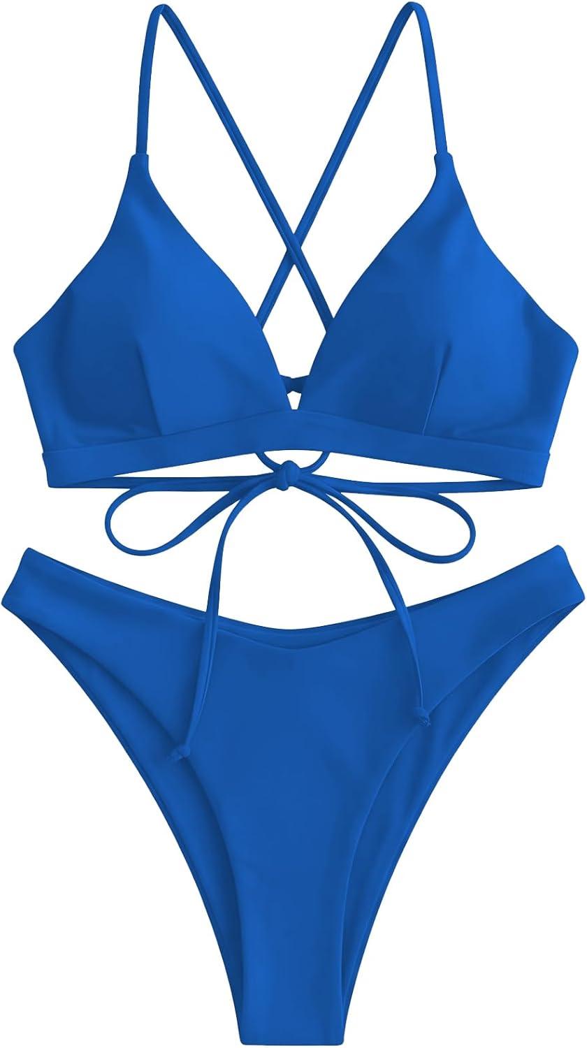 imageZAFUL Womens Sexy Triangle Bikini Set Floral Print Spaghetti Strap 2 Piece Swimsuit Crisscross High Cut Bathing Suit10solid Blue