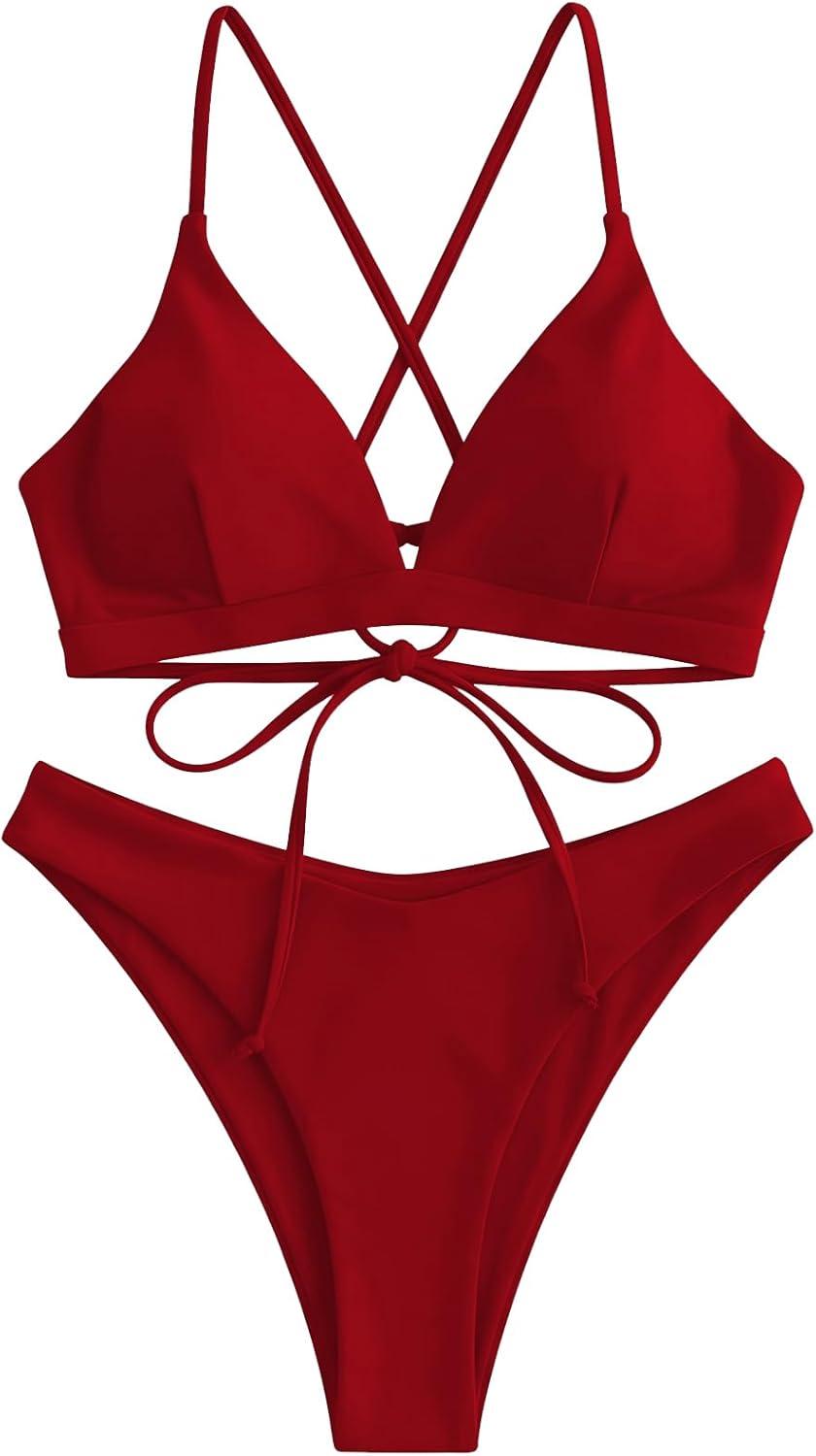 imageZAFUL Womens Sexy Triangle Bikini Set Floral Print Spaghetti Strap 2 Piece Swimsuit Crisscross High Cut Bathing Suit10solid Red
