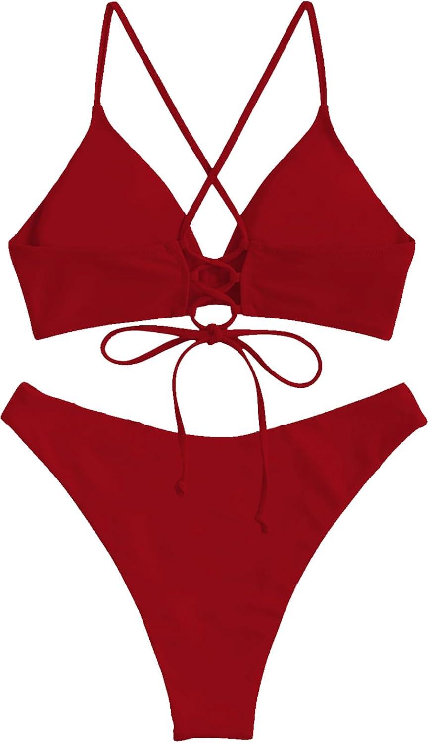 imageZAFUL Womens Sexy Triangle Bikini Set Floral Print Spaghetti Strap 2 Piece Swimsuit Crisscross High Cut Bathing Suit10solid Red