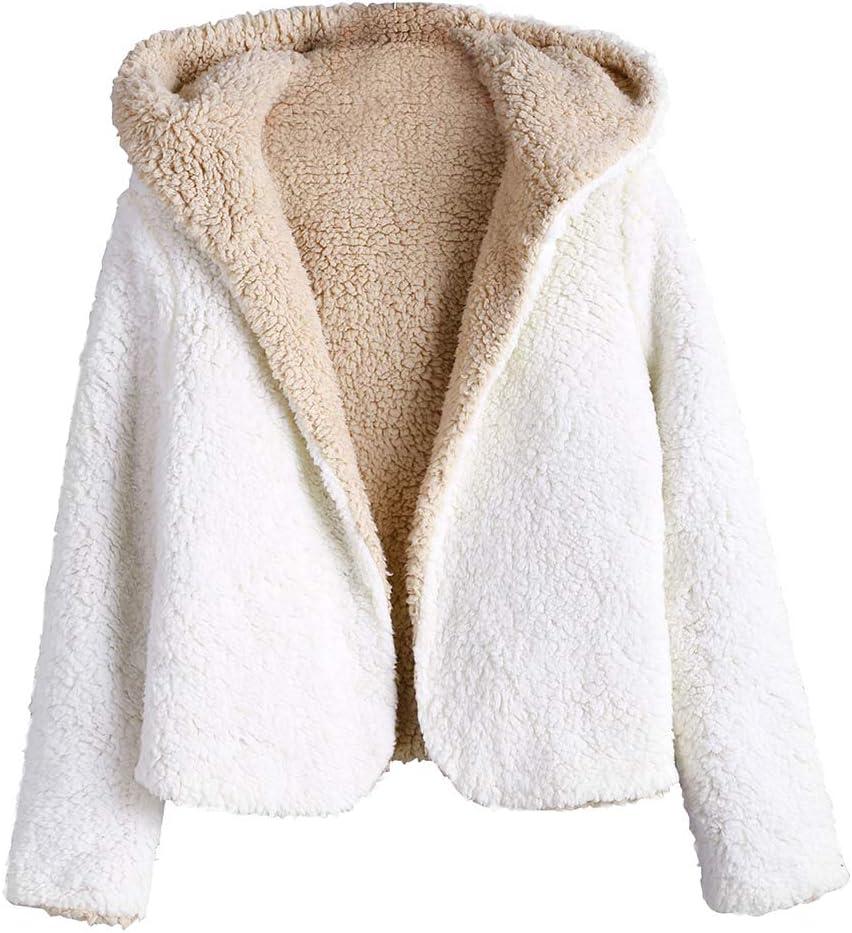 imageZAFUL Womens Teddy Coat Fuzzy Fleece Reversible Open Front Hooded Outwear Jacket 2Warm White S
