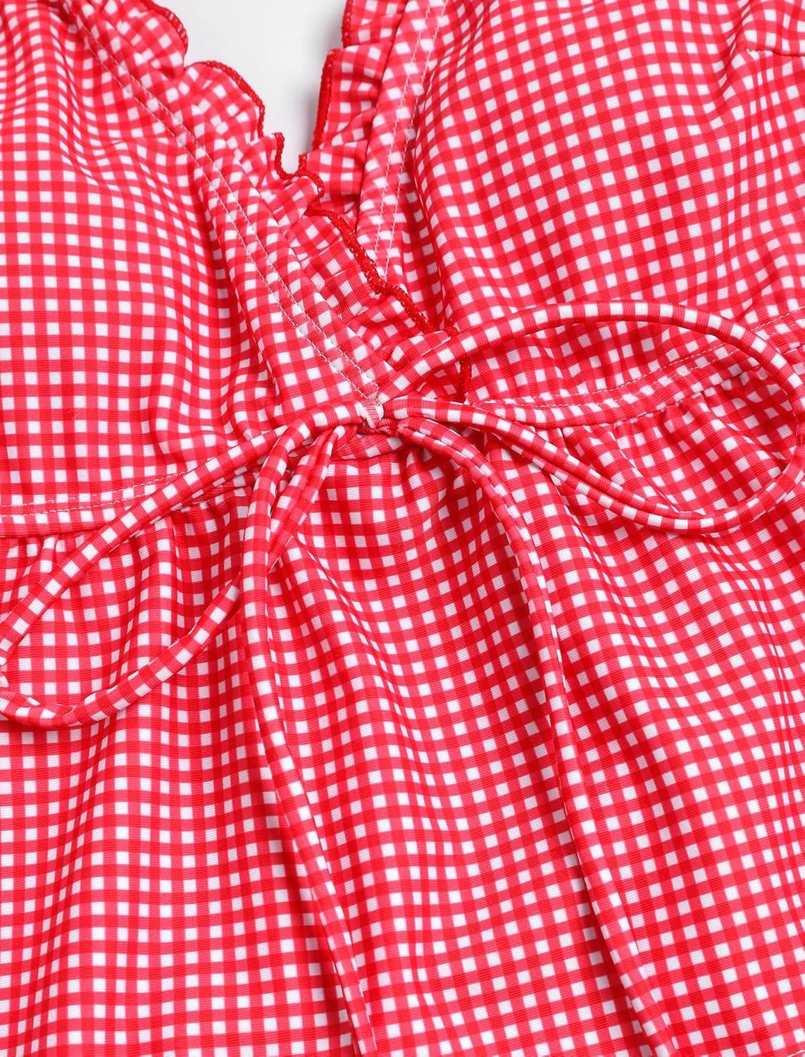 imageZAFUL Tankini Swimsuits for Women V Neck Textured Knot Tie Ruffle Trim Bikini Swimsuit Tie Side 2 Pieces Bathing Suit2gingham Red