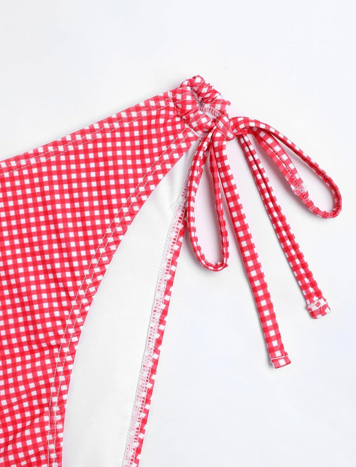 imageZAFUL Tankini Swimsuits for Women V Neck Textured Knot Tie Ruffle Trim Bikini Swimsuit Tie Side 2 Pieces Bathing Suit2gingham Red