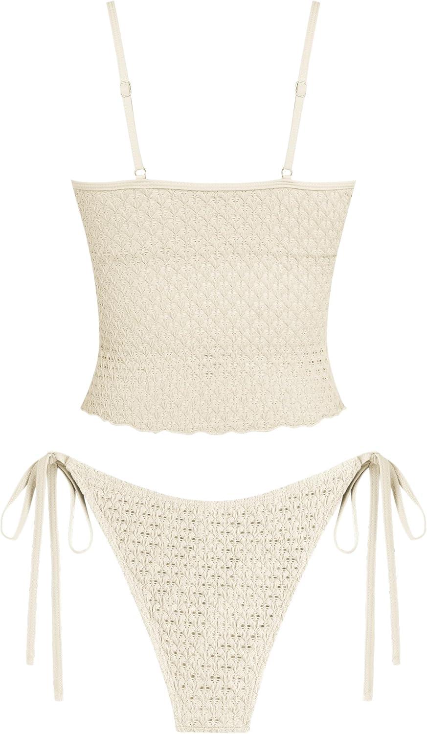 imageZAFUL Tankini Swimsuits for Women Lace Jacquard Bowknot Decor Tummy Control High Cut Tanga Tankini SetAbeige