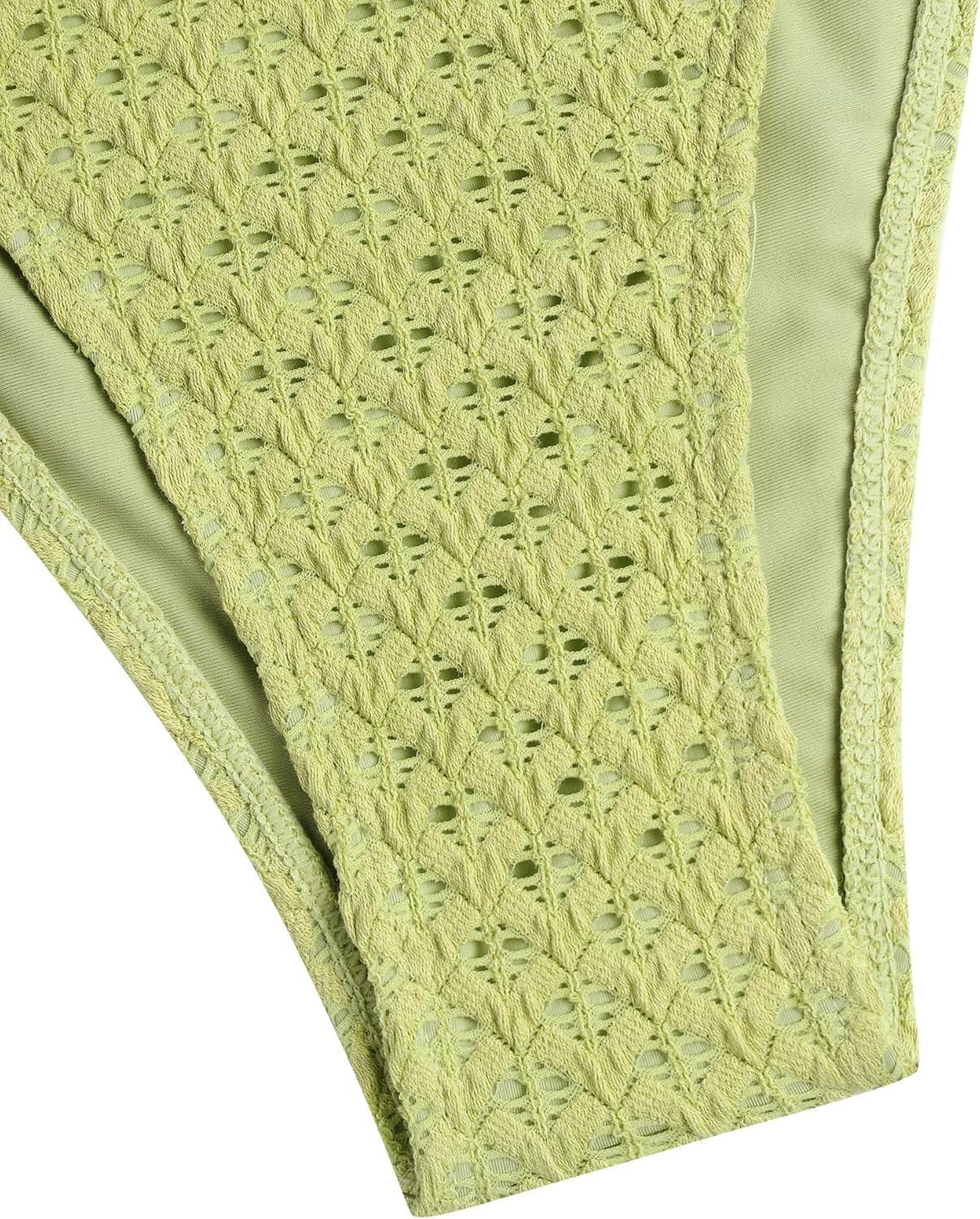 imageZAFUL Tankini Swimsuits for Women Lace Jacquard Bowknot Decor Tummy Control High Cut Tanga Tankini SetAlight Green
