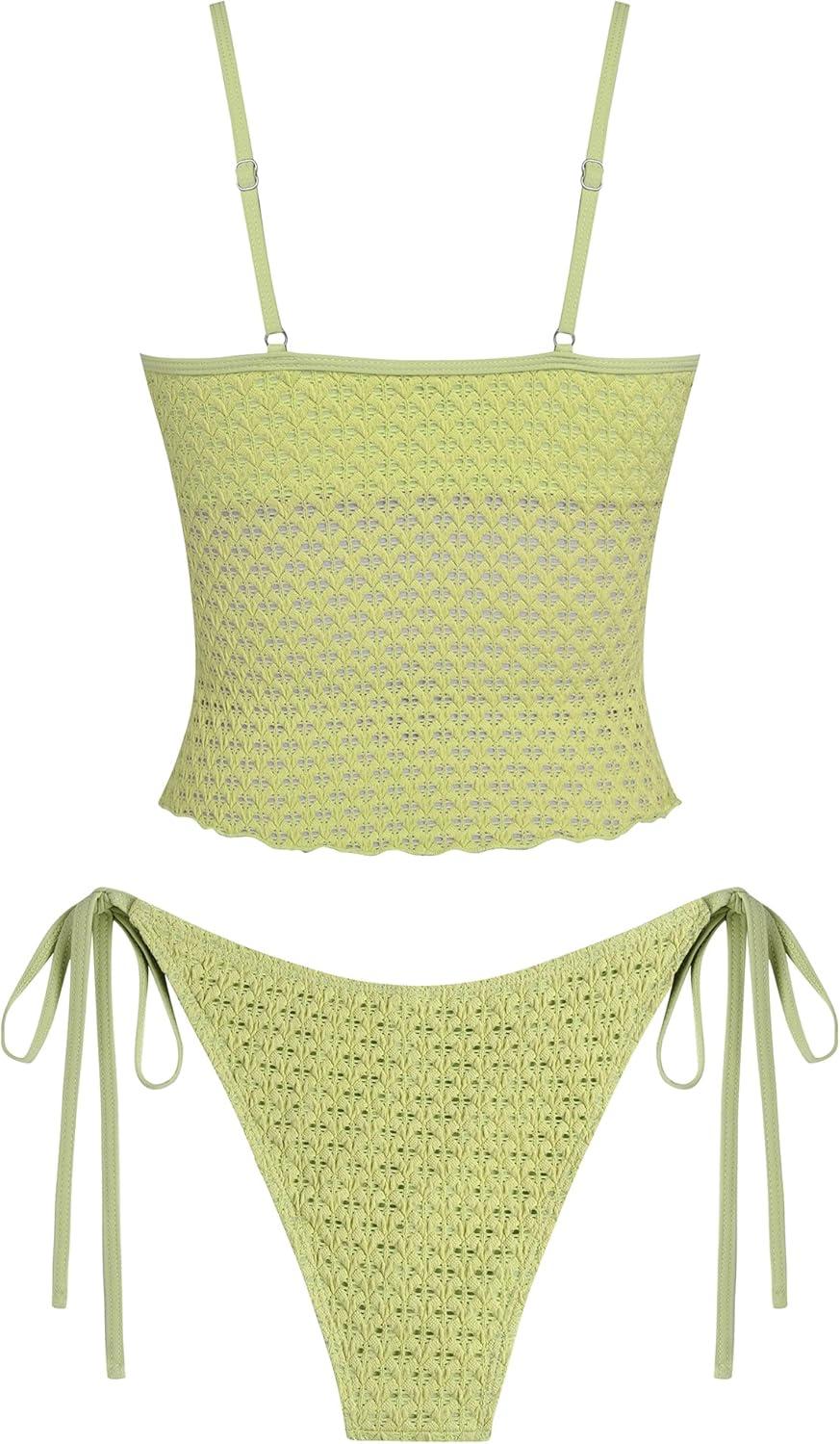 imageZAFUL Tankini Swimsuits for Women Lace Jacquard Bowknot Decor Tummy Control High Cut Tanga Tankini SetAlight Green