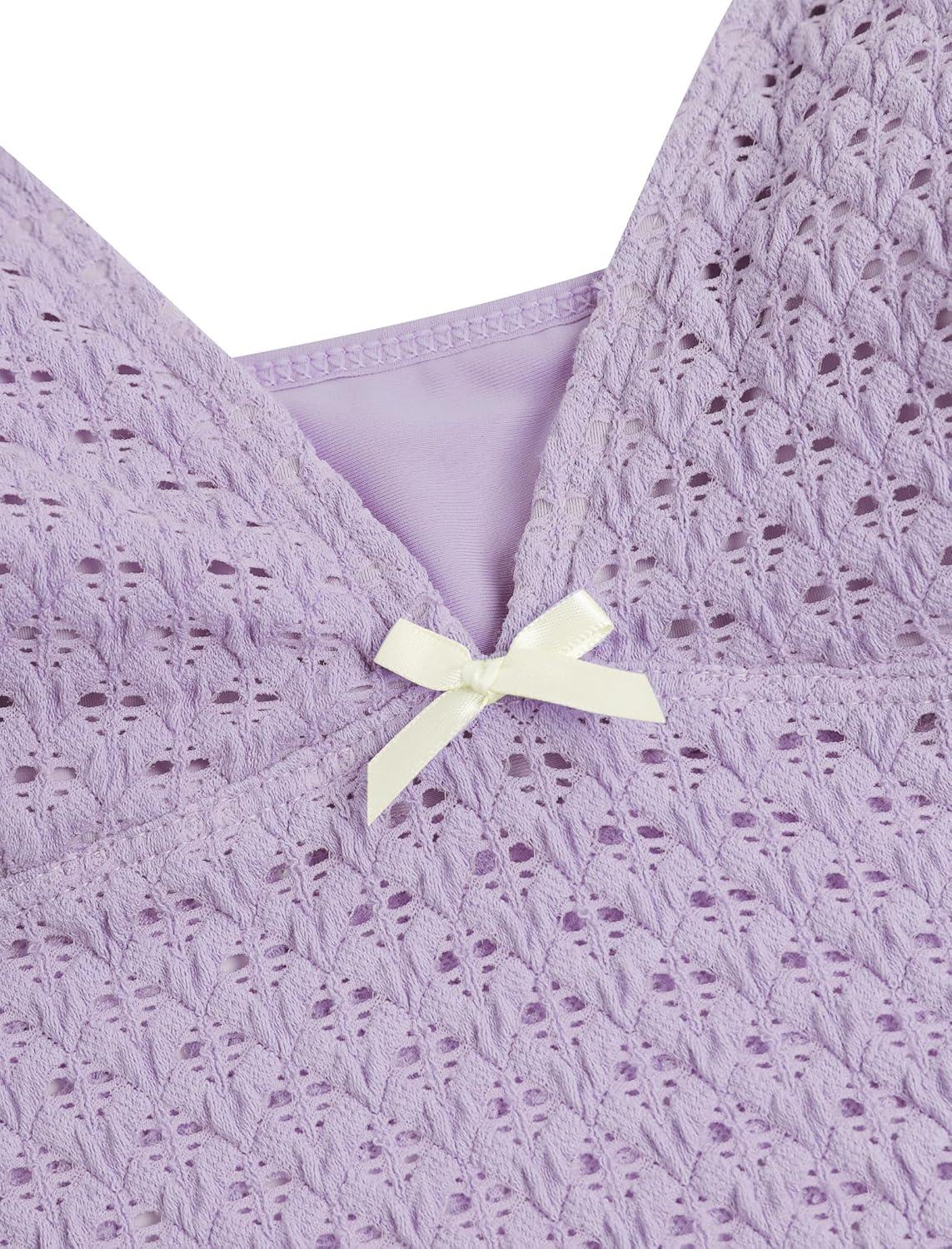 imageZAFUL Tankini Swimsuits for Women Lace Jacquard Bowknot Decor Tummy Control High Cut Tanga Tankini SetAlight Purple