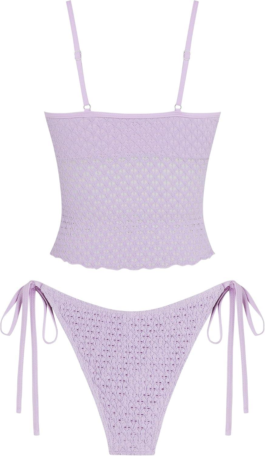 imageZAFUL Tankini Swimsuits for Women Lace Jacquard Bowknot Decor Tummy Control High Cut Tanga Tankini SetAlight Purple