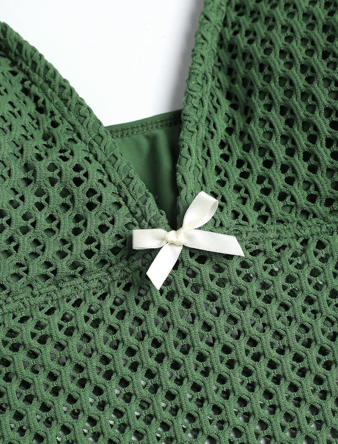 imageZAFUL Tankini Swimsuits for Women Lace Jacquard Bowknot Decor Tummy Control High Cut Tanga Tankini SetBarmy Green