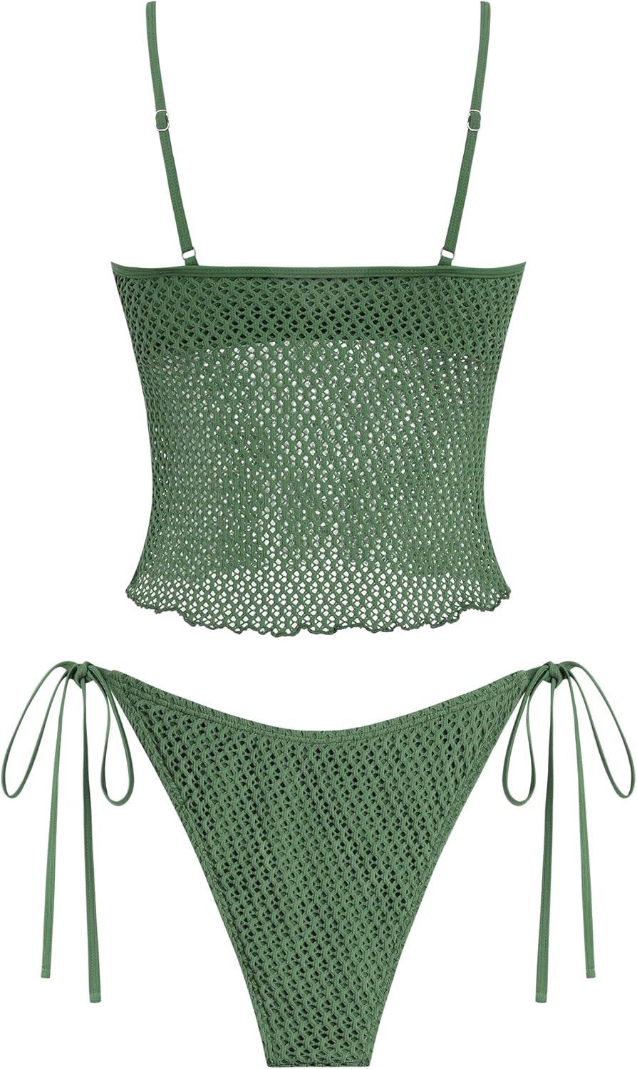 imageZAFUL Tankini Swimsuits for Women Lace Jacquard Bowknot Decor Tummy Control High Cut Tanga Tankini SetBarmy Green