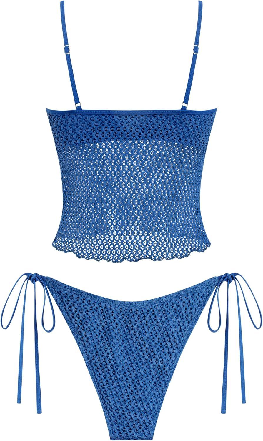 imageZAFUL Tankini Swimsuits for Women Lace Jacquard Bowknot Decor Tummy Control High Cut Tanga Tankini SetBroyal Blue