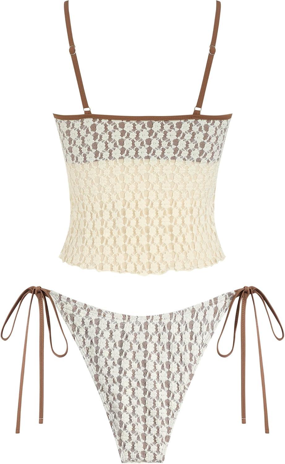 imageZAFUL Tankini Swimsuits for Women Lace Jacquard Bowknot Decor Tummy Control High Cut Tanga Tankini SetCbeigecoffee