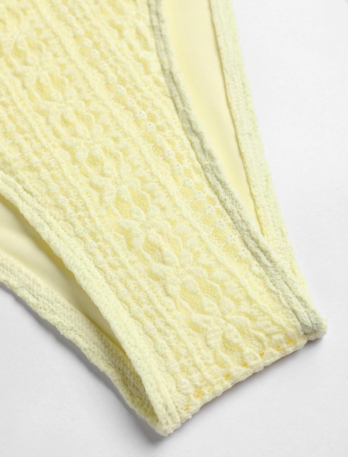 imageZAFUL Tankini Swimsuits for Women Lace Jacquard Bowknot Decor Tummy Control High Cut Tanga Tankini SetDlight Yellow