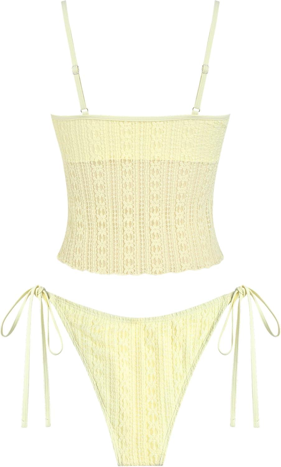 imageZAFUL Tankini Swimsuits for Women Lace Jacquard Bowknot Decor Tummy Control High Cut Tanga Tankini SetDlight Yellow