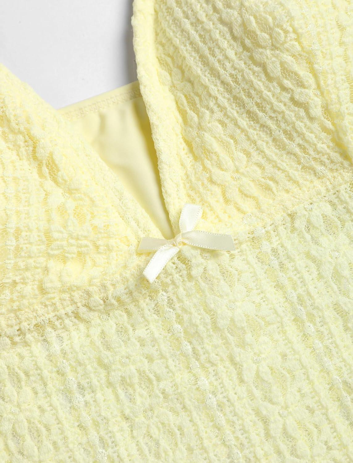 imageZAFUL Tankini Swimsuits for Women Lace Jacquard Bowknot Decor Tummy Control High Cut Tanga Tankini SetDlight Yellow