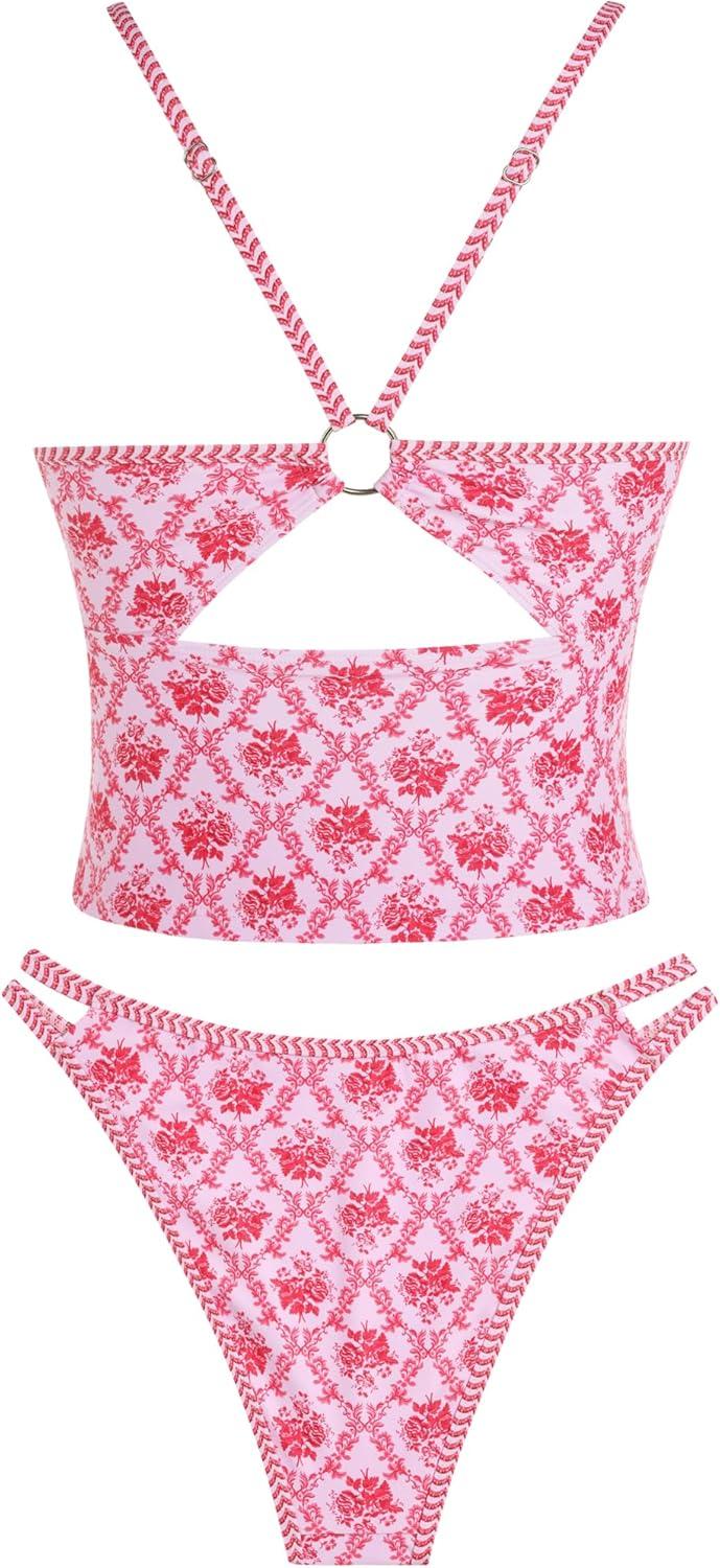imageZAFUL Tankini Swimsuits for Women V Neck Dual Straps Cropped Bikini Swimsuit High Cut 2 Pieces Bathing Suit2floral Red
