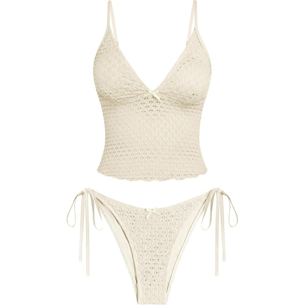imageZAFUL Tankini Swimsuits for Women Lace Jacquard Bowknot Decor Tummy Control High Cut Tanga Tankini SetAbeige
