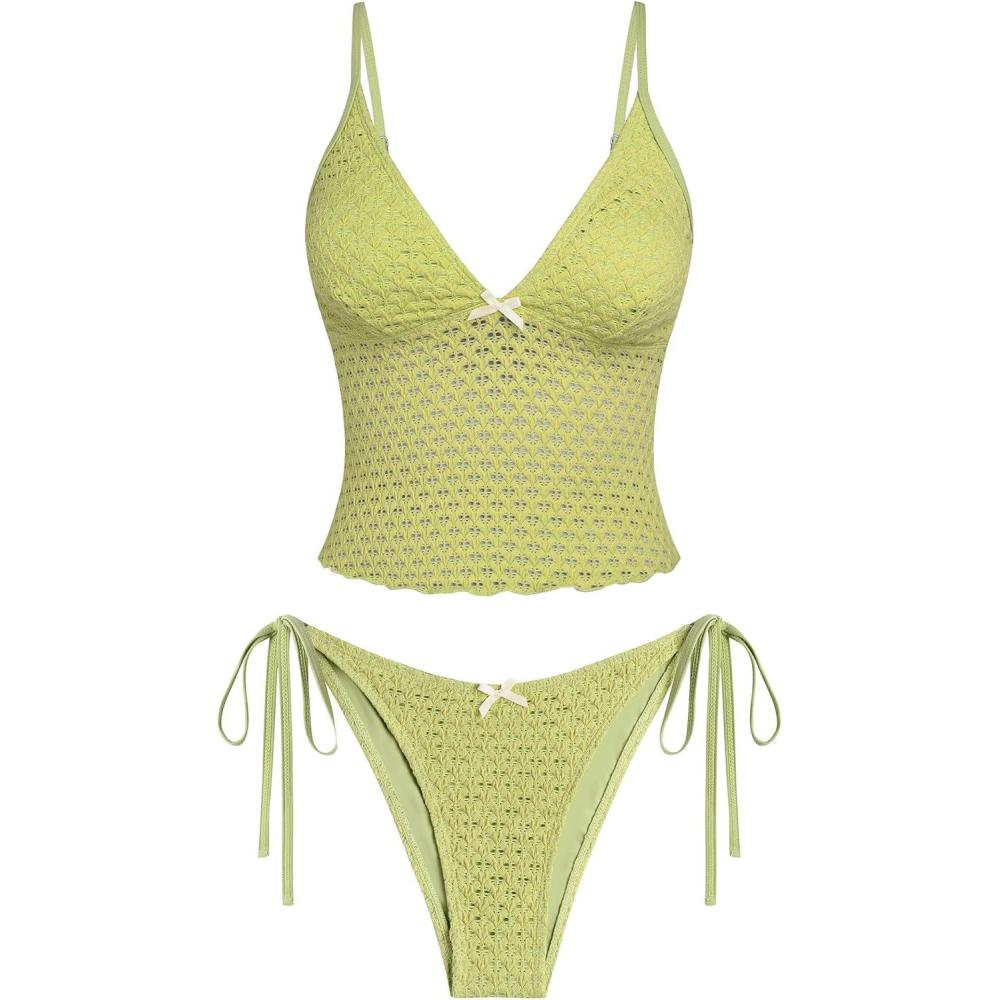 imageZAFUL Tankini Swimsuits for Women Lace Jacquard Bowknot Decor Tummy Control High Cut Tanga Tankini SetAlight Green