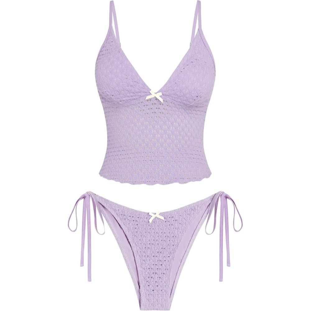imageZAFUL Tankini Swimsuits for Women Lace Jacquard Bowknot Decor Tummy Control High Cut Tanga Tankini SetAlight Purple
