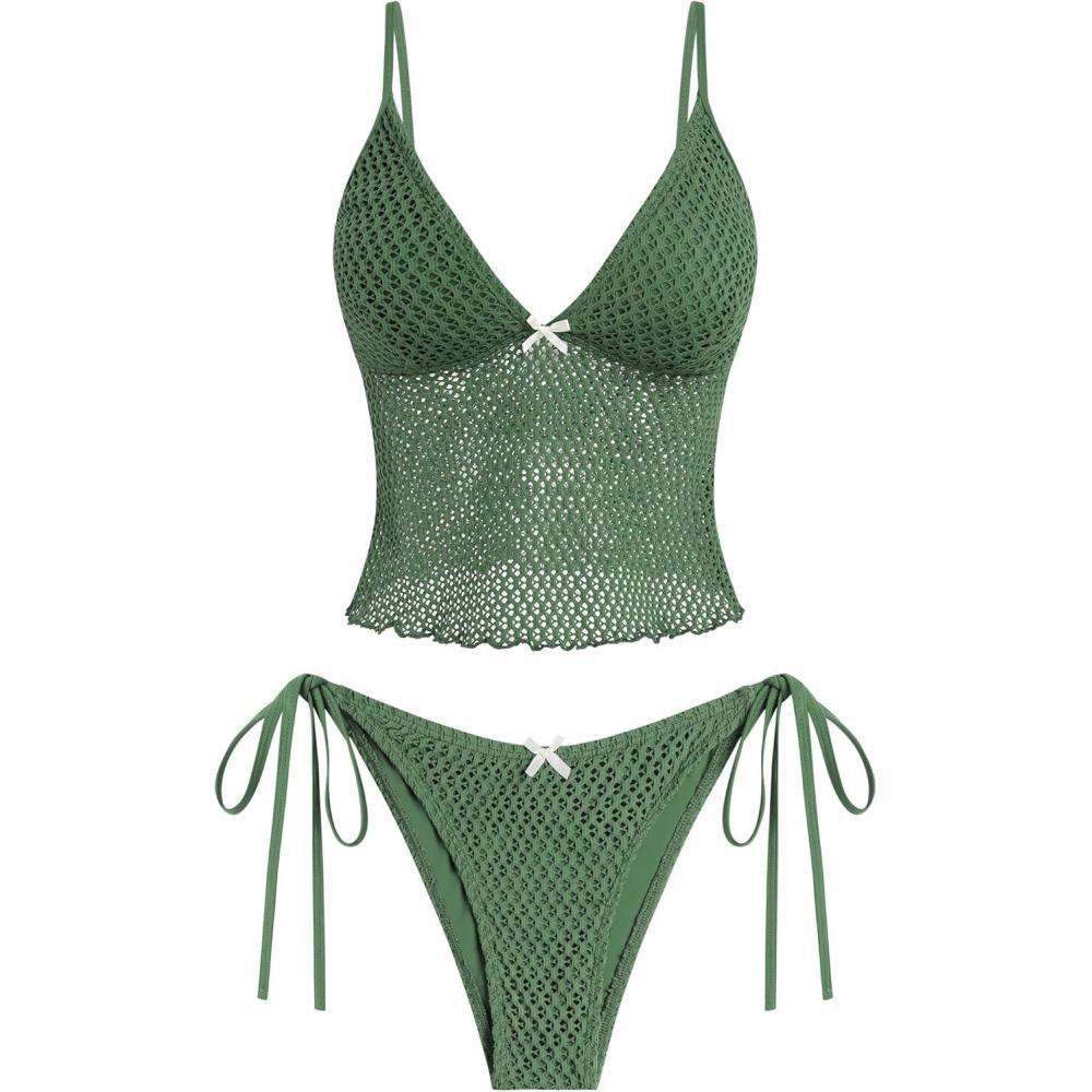 imageZAFUL Tankini Swimsuits for Women Lace Jacquard Bowknot Decor Tummy Control High Cut Tanga Tankini SetBarmy Green