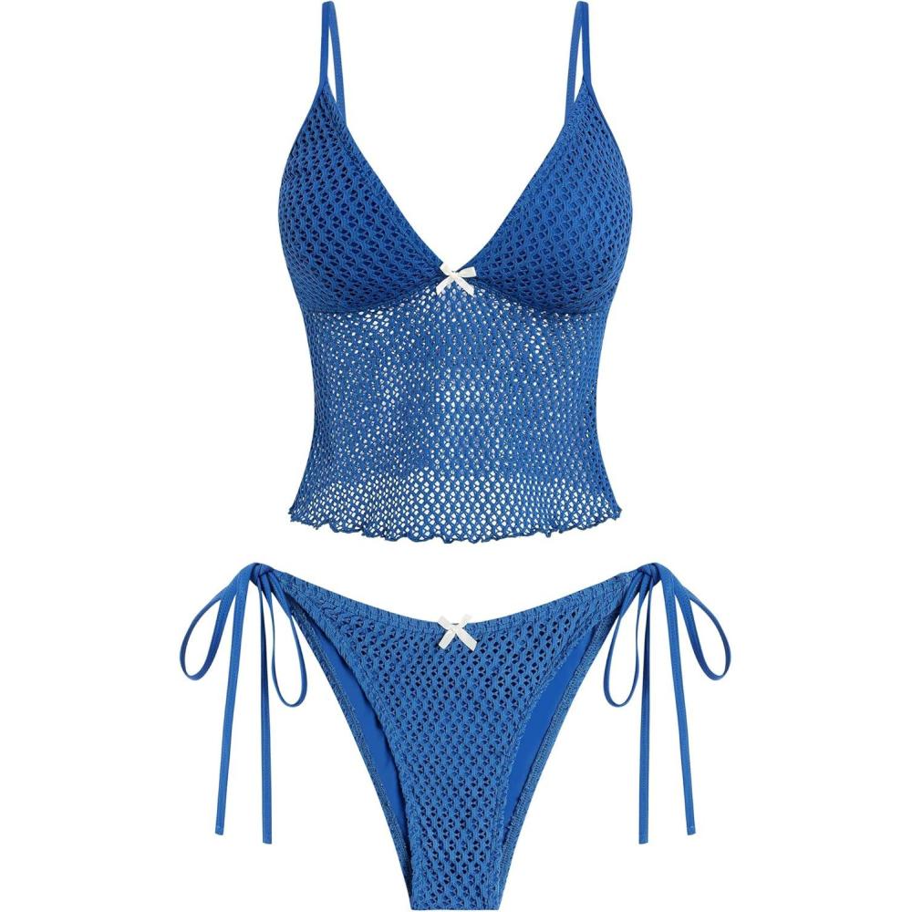 imageZAFUL Tankini Swimsuits for Women Lace Jacquard Bowknot Decor Tummy Control High Cut Tanga Tankini SetBroyal Blue